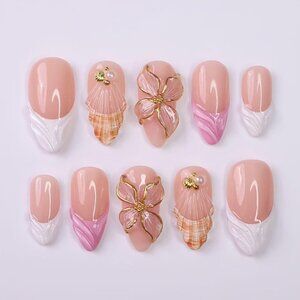 Press on Nail with 3D Flower & White French Tip | Fake Nail in Medium Almond